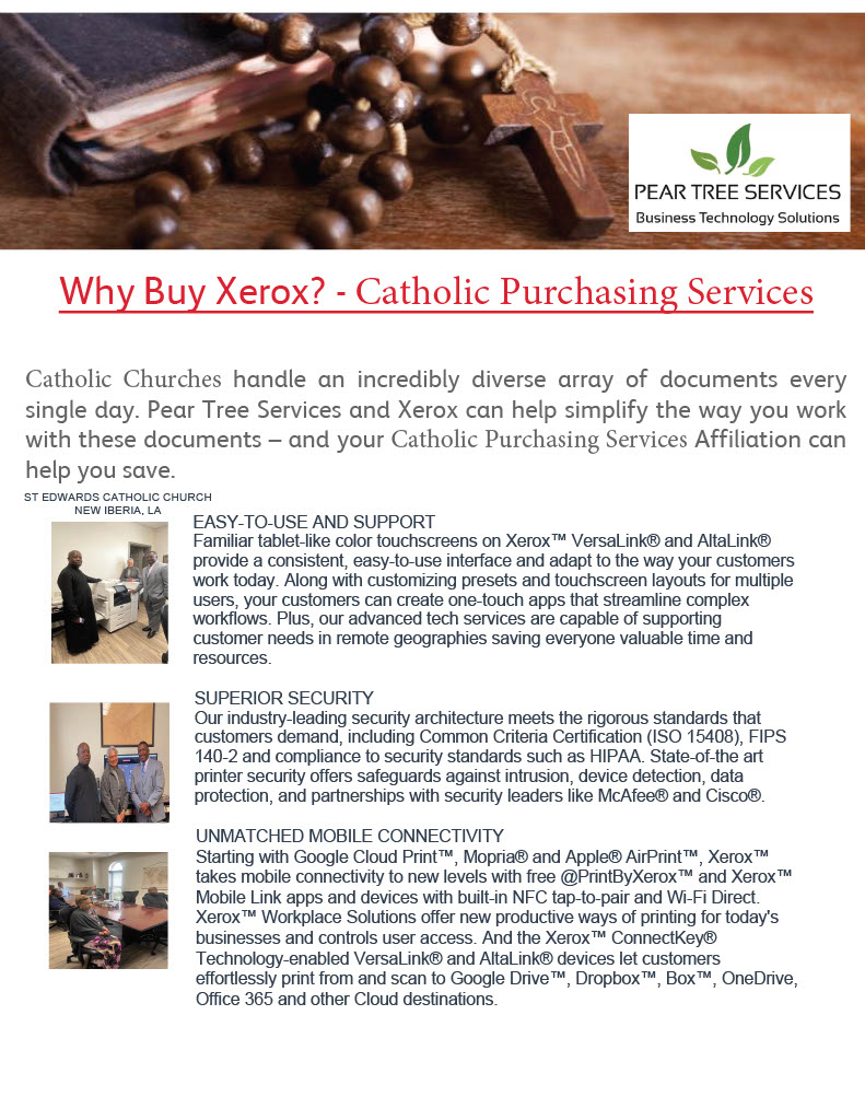 Informative flyer explaining the benefits of buying Catholic religious services and items from Catholic Purchasing Service.