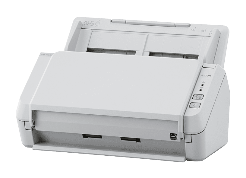 A white flatbed scanner with an open document feeder tray.