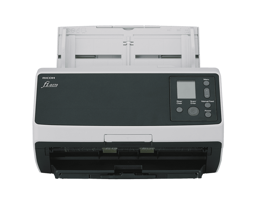 Compact document scanner with control panel and display screen.