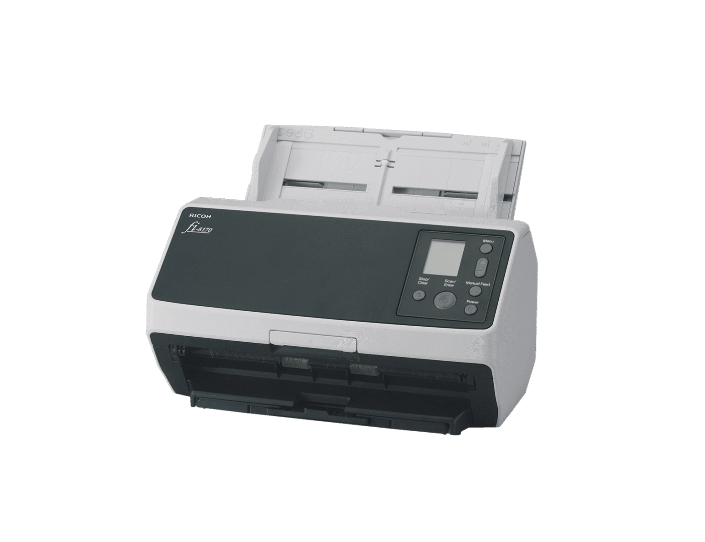 Compact document scanner with automatic feeder and digital display.