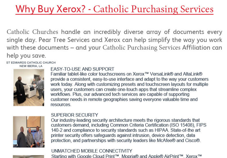 Informative flyer explaining the benefits of buying Catholic religious services and items from Catholic Purchasing Service.